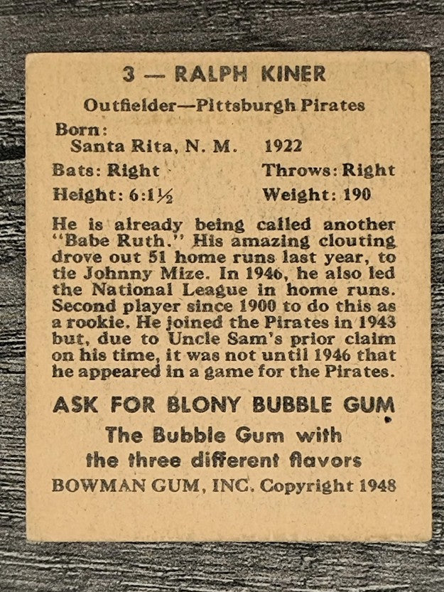 1948 Bowman #3 Ralph Kiner RC (VGEX)