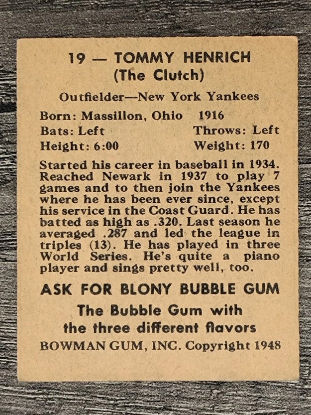 1948 Bowman #19 Tommy Henrich (VGEX)