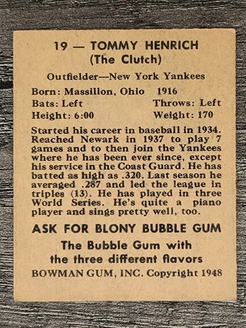 1948 Bowman #19 Tommy Henrich (VGEX)