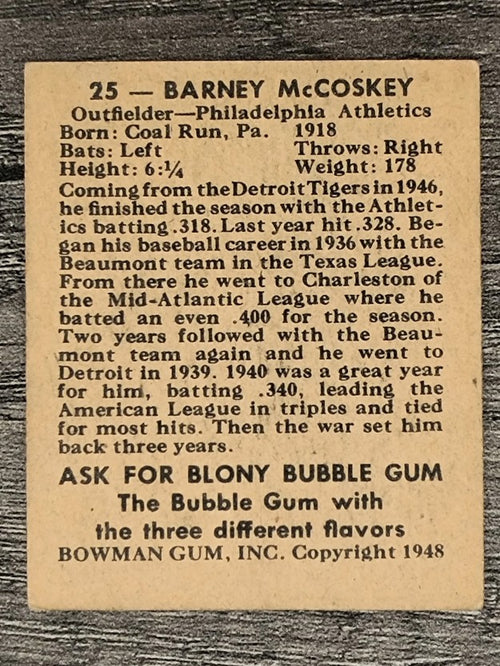 1948 Bowman #25 Barney McCosky (VG)
