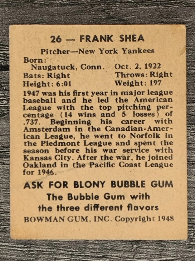 1948 Bowman #26 Frank Shea SP RC (VG)