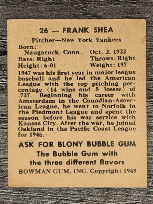 1948 Bowman #26 Frank Shea SP RC (VG)