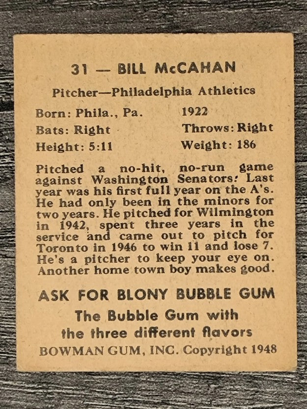 1948 Bowman #31 Bill McCahan RC (VG)