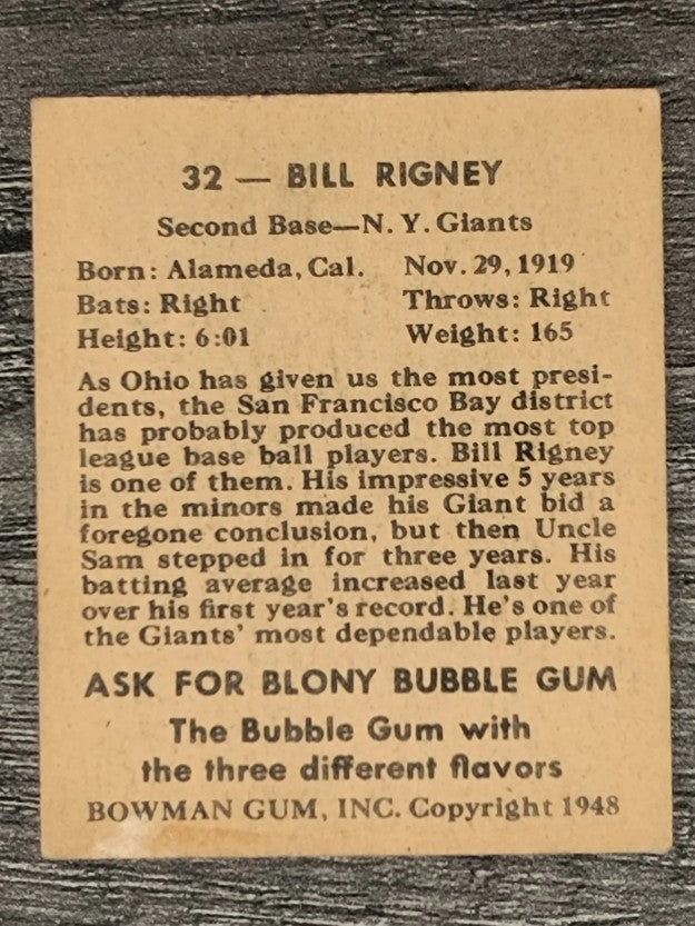 1948 Bowman #32 Bill Rigney RC (VG)