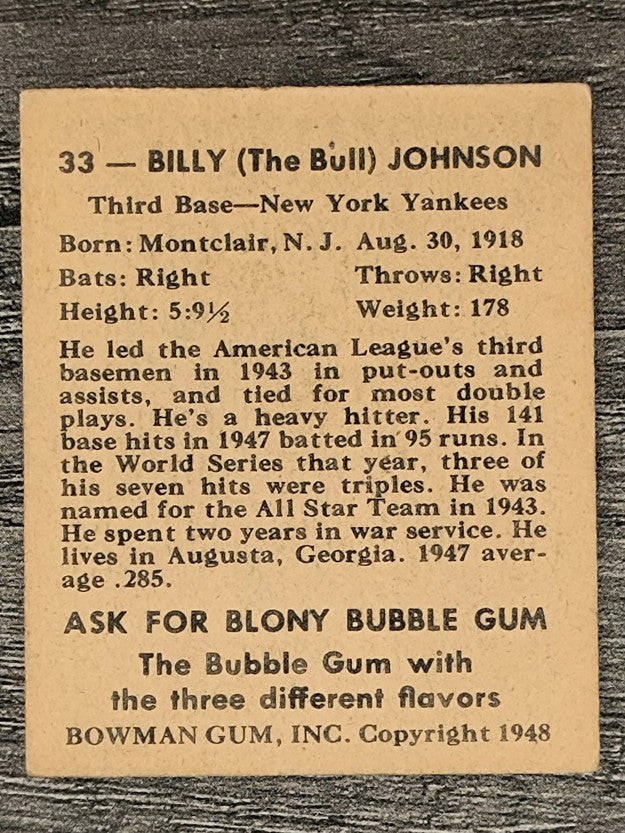 1948 Bowman #33 Bill Johnson RC (VG)