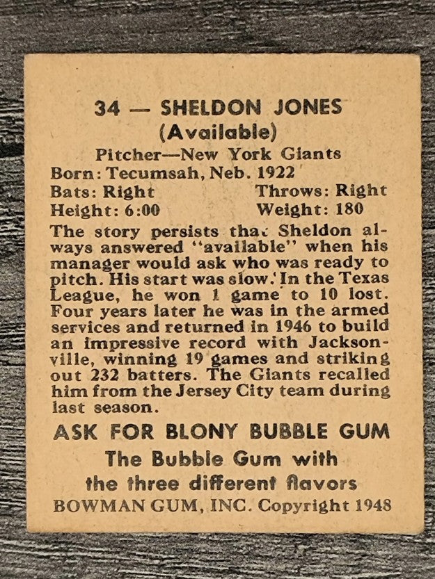 1948 Bowman #34 Sheldon Jones SP RC (VGEX)