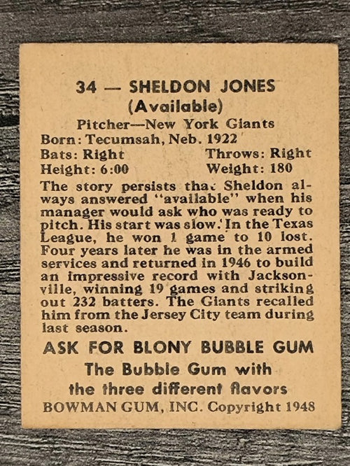 1948 Bowman #34 Sheldon Jones SP RC (VGEX)
