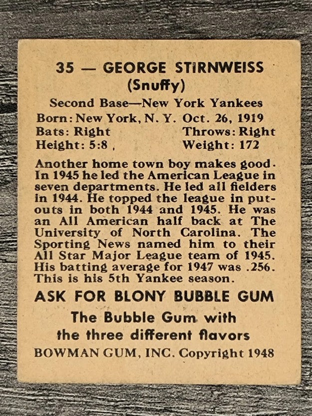 1948 Bowman #35 Snuffy Stirnweiss RC (VGEX)