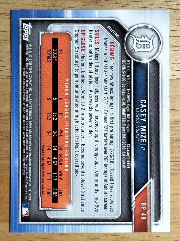 2019 Bowman Prospects #BP49 Casey Mize