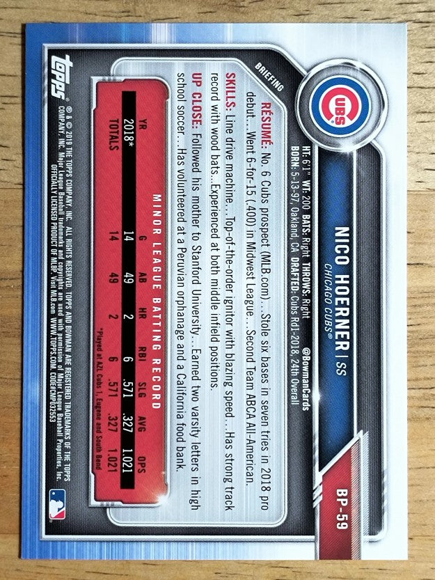 2019 Bowman Prospects #BP59 Nico Hoerner
