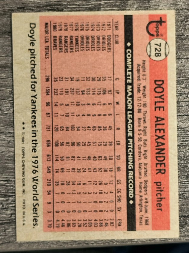 1981 Topps Traded #728 Doyle Alexander