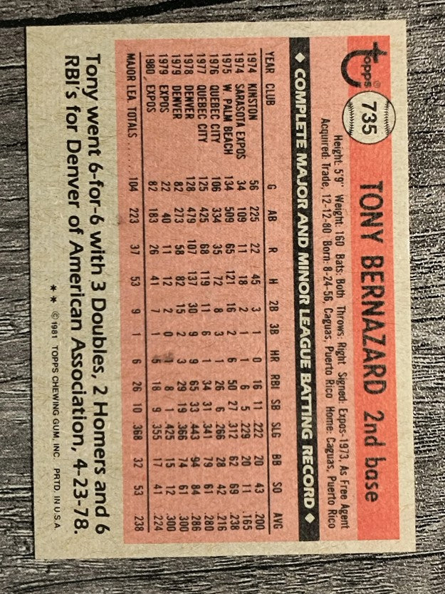 1981 Topps Traded #735 Tony Bernazard