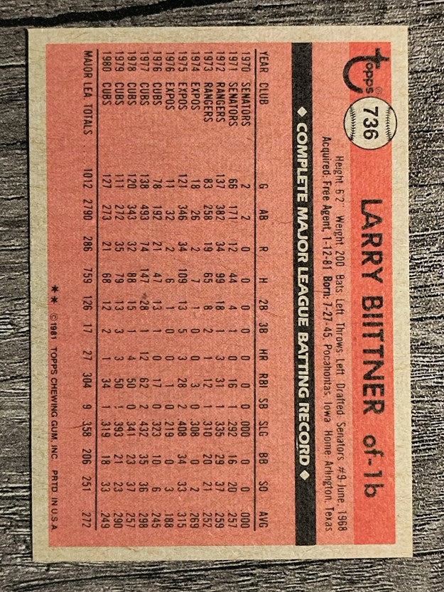 1981 Topps Traded #736 Larry Biittner