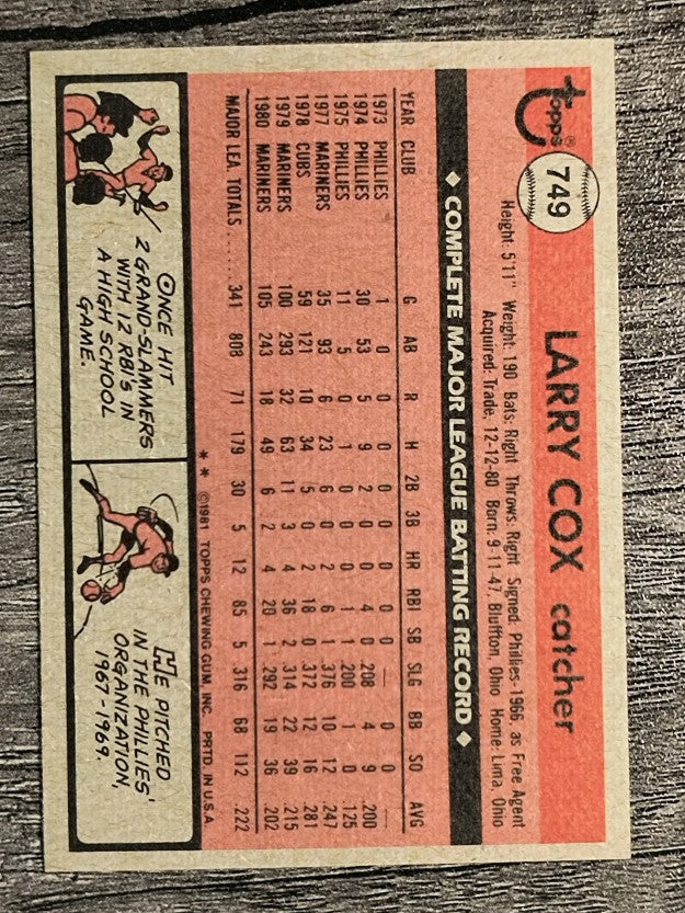 1981 Topps Traded #749 Larry Cox