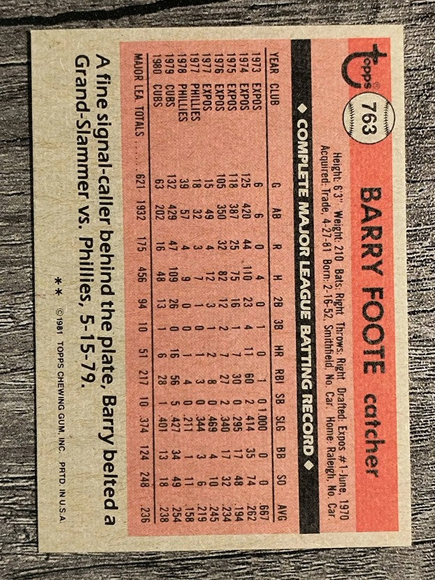 1981 Topps Traded #763 Barry Foote