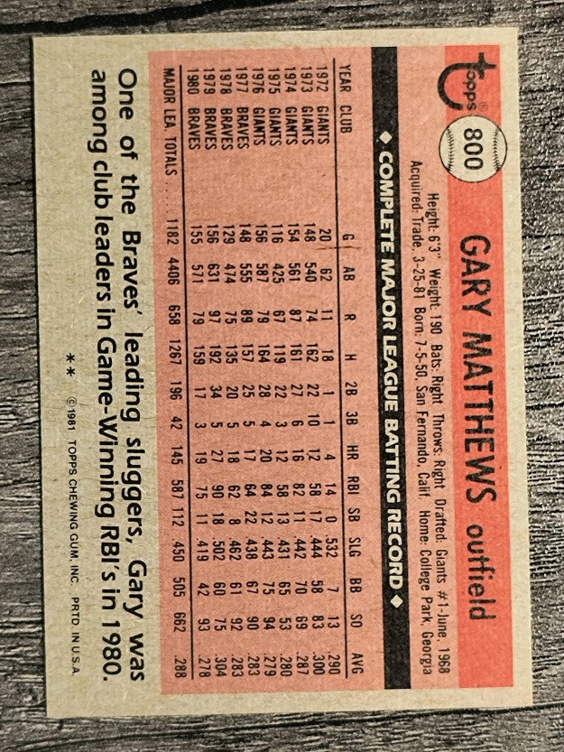1981 Topps Traded #800 Gary Matthews