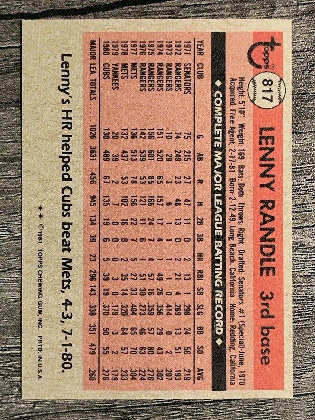 1981 Topps Traded #817 Lenny Randle