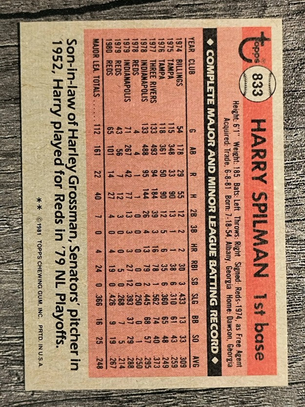 1981 Topps Traded #833 Harry Spilman