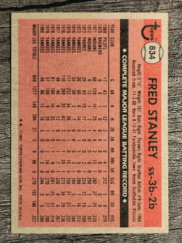 1981 Topps Traded #834 Fred Stanley