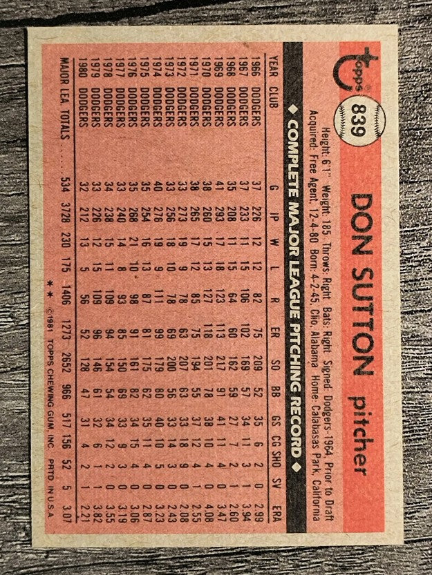 1981 Topps Traded #839 Don Sutton