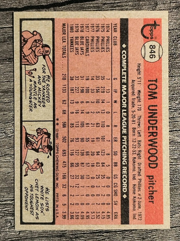 1981 Topps Traded #846 Tom Underwood