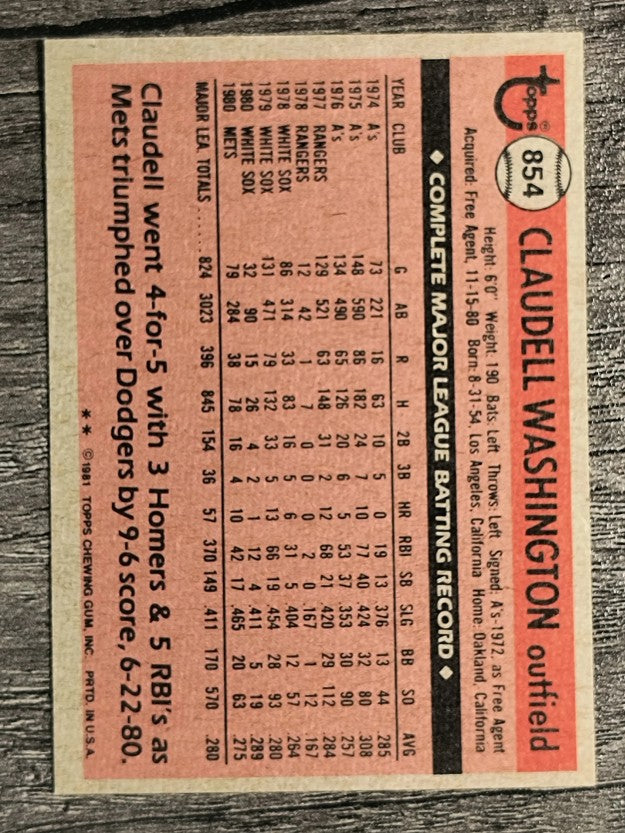 1981 Topps Traded #854 Claudell Washington