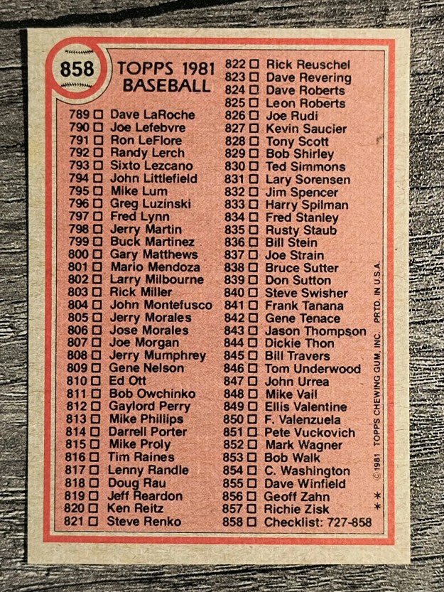 1981 Topps Traded #858 Checklist 727-858