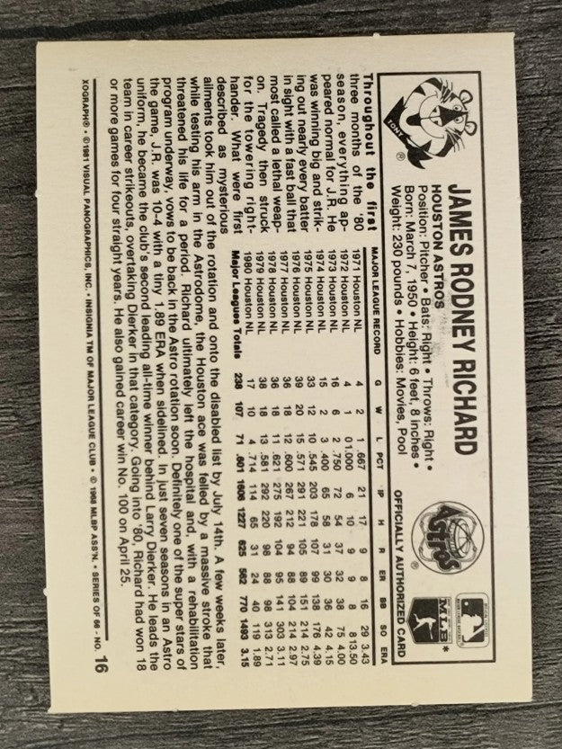 1981 Kellogg's #16 J.R. Richard