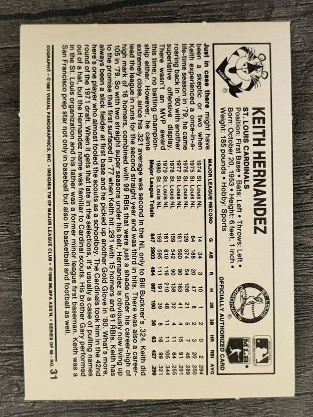 1981 Kellogg's #31 Keith Hernandez