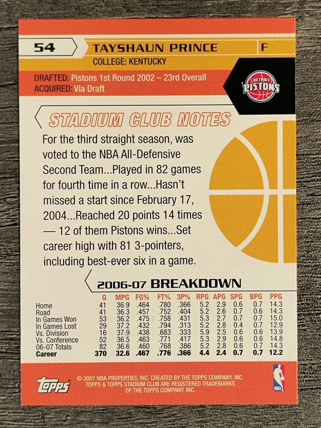2007-08 Stadium Club #54 Tayshaun Prince