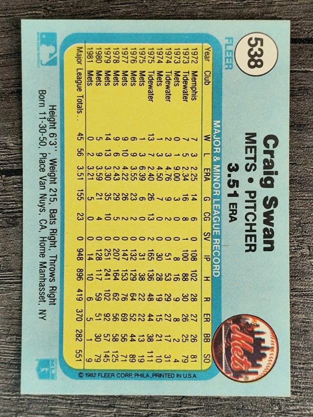 1982 Fleer #538 Craig Swan