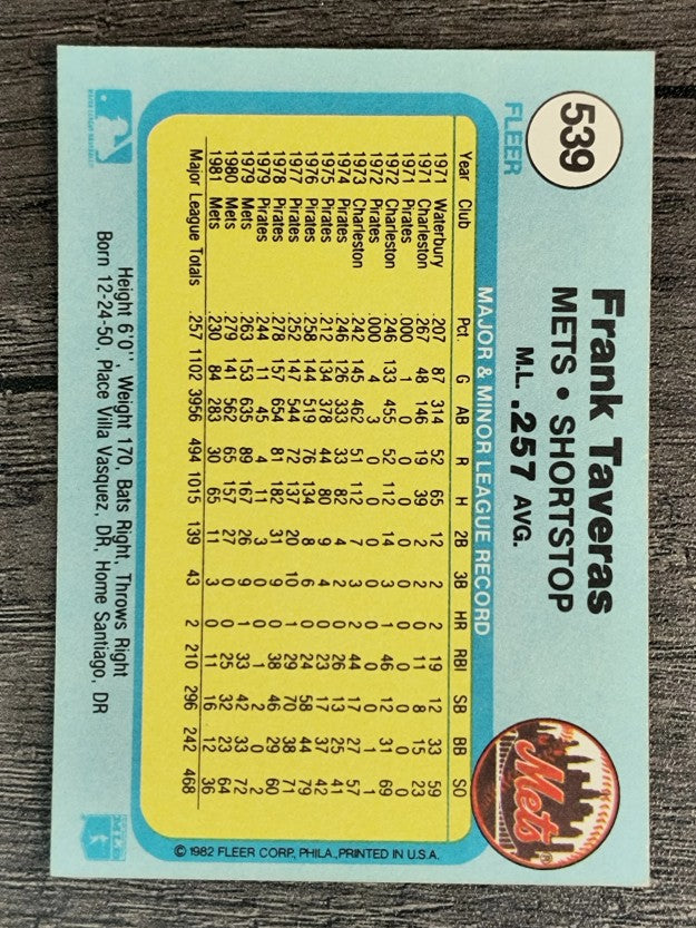 1982 Fleer #539 Frank Taveras