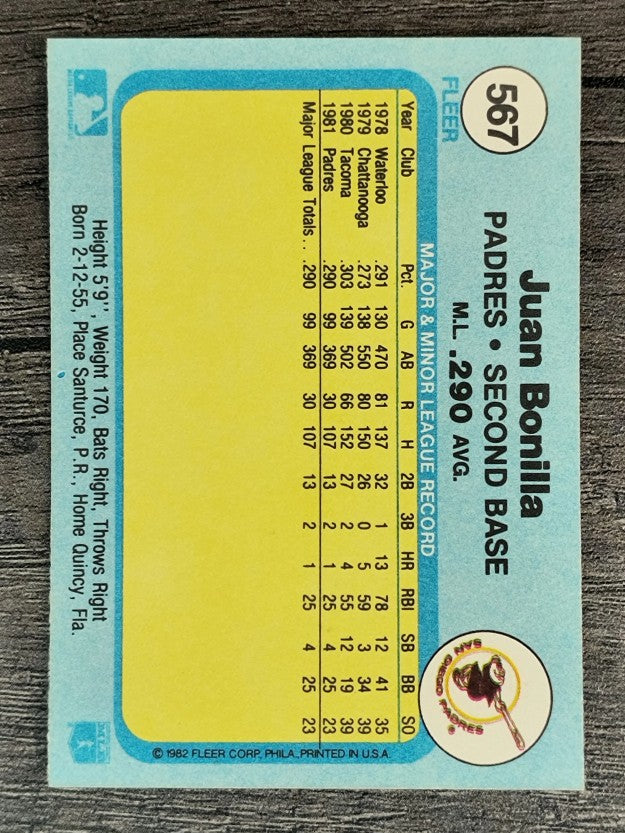 1982 Fleer #567 Juan Bonilla RC