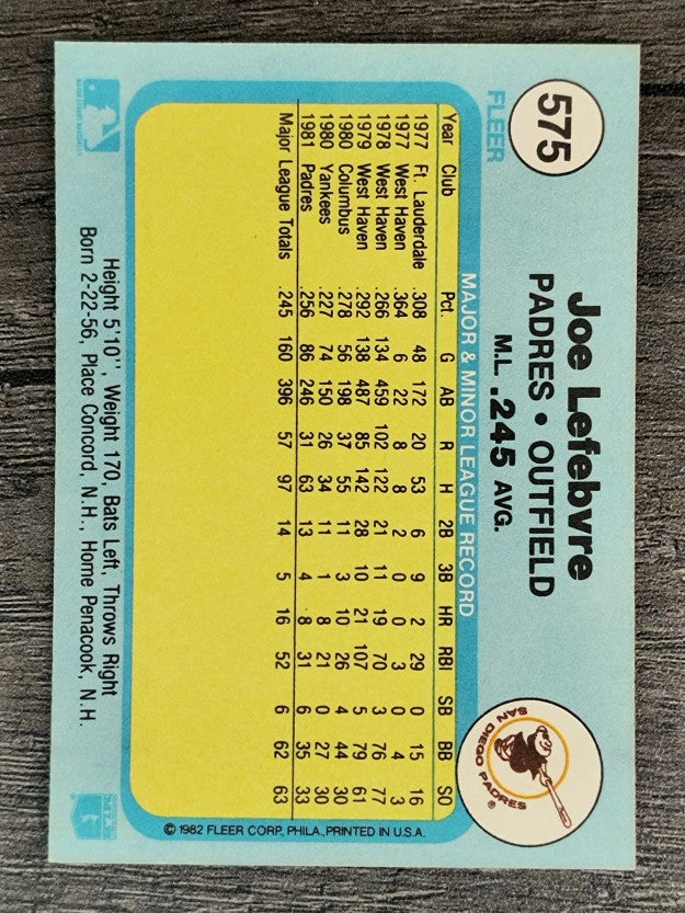 1982 Fleer #575 Joe Lefebvre