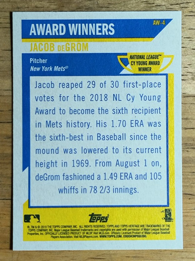 2019 Topps Heritage Award Winners #AW4 Jacob deGrom