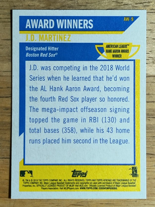 2019 Topps Heritage Award Winners #AW9 J.D. Martinez