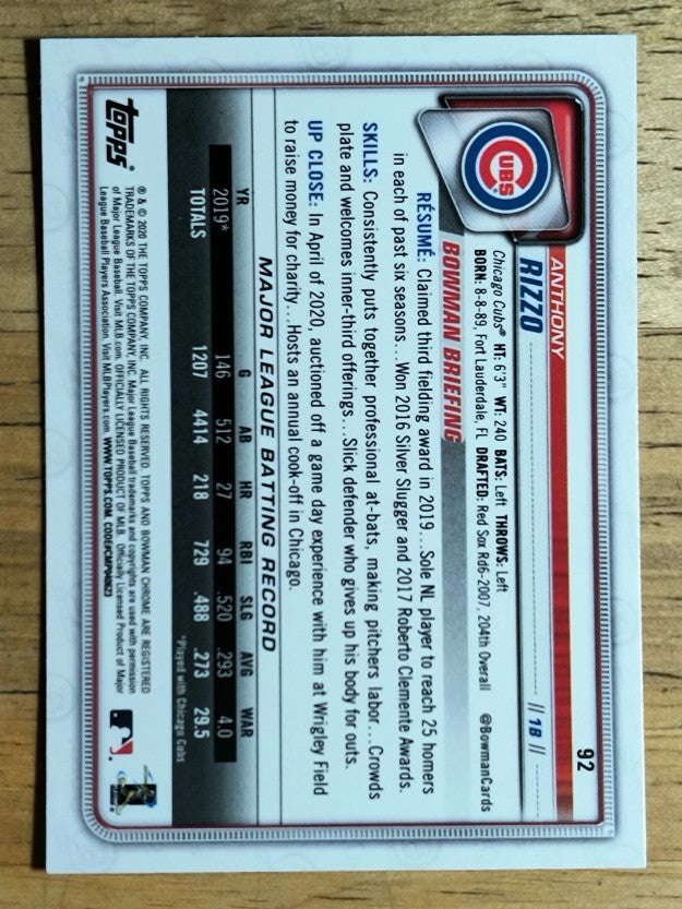 2020 Bowman Chrome #92 Anthony Rizzo