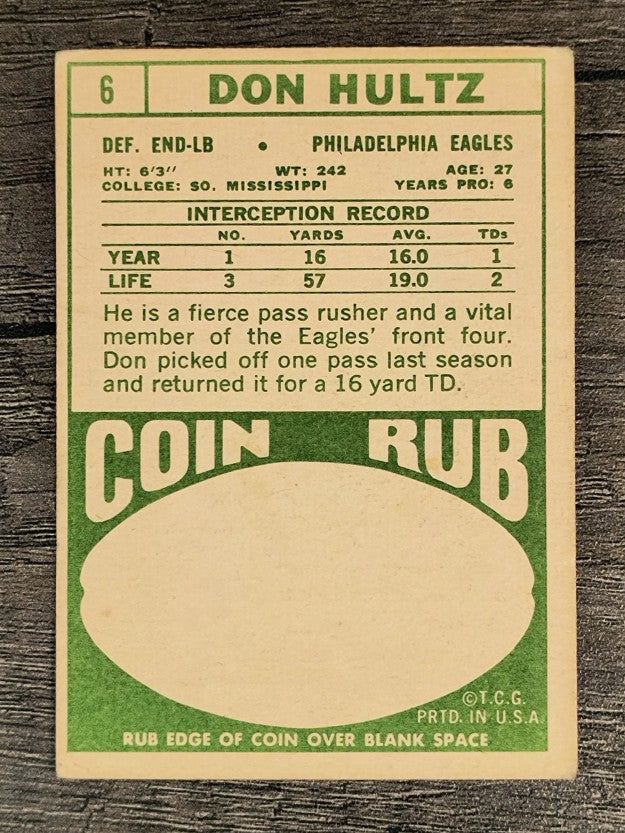 1968 Topps #6 Don Hultz RC (VGEX)