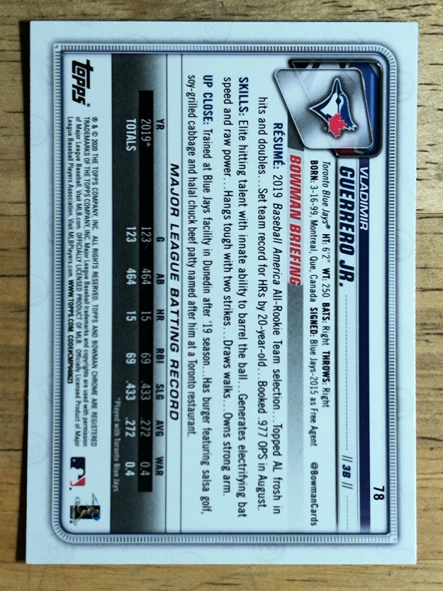 2020 Bowman Chrome #78 Vladimir Guerrero Jr.