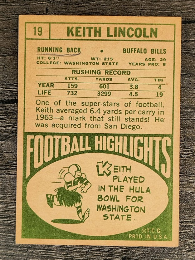 1968 Topps #19 Keith Lincoln (VG)