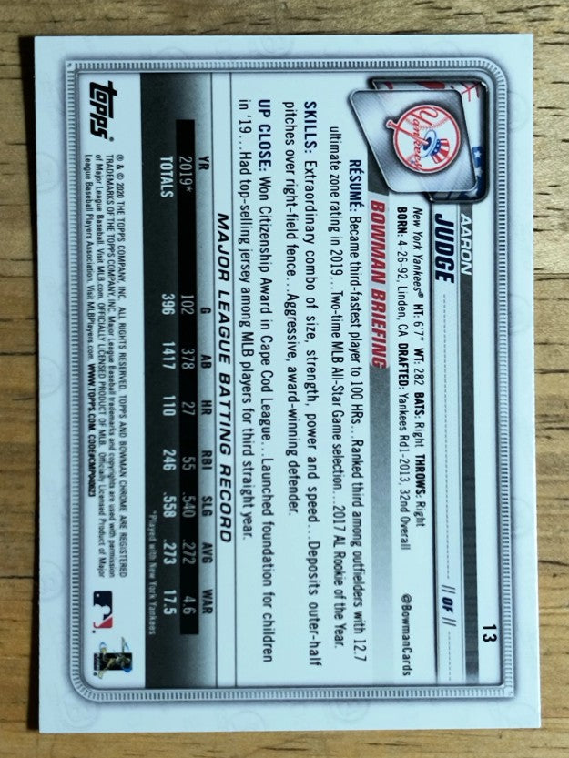 2020 Bowman Chrome #13 Aaron Judge