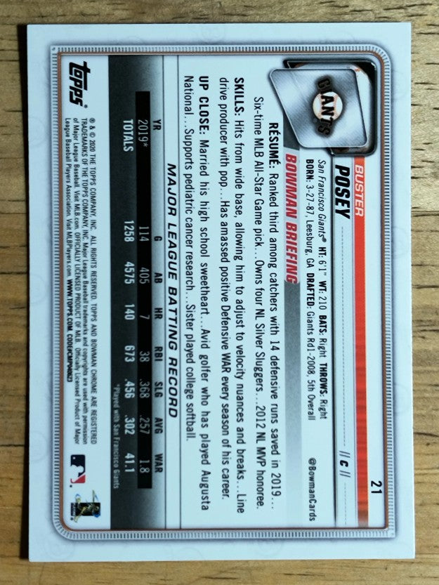 2020 Bowman Chrome #21 Buster Posey