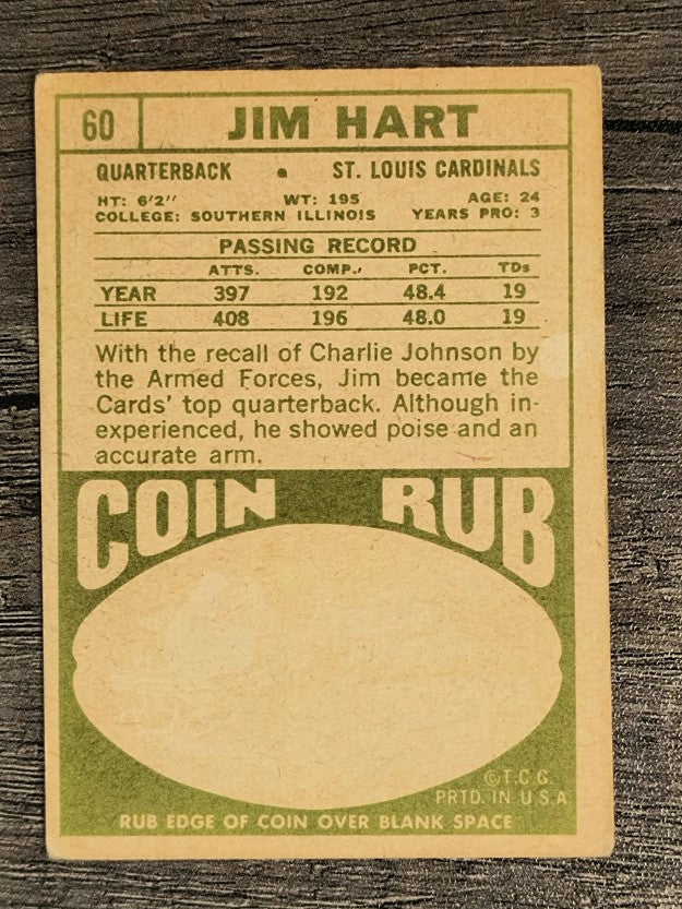 1968 Topps #60 Jim Hart RC (VG)