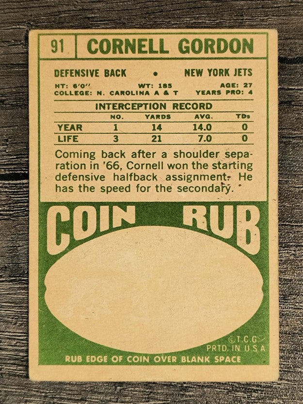 1968 Topps #91 Cornell Gordon RC (VG)