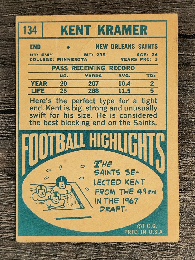 1968 Topps #134 Kent Kramer RC (POOR)