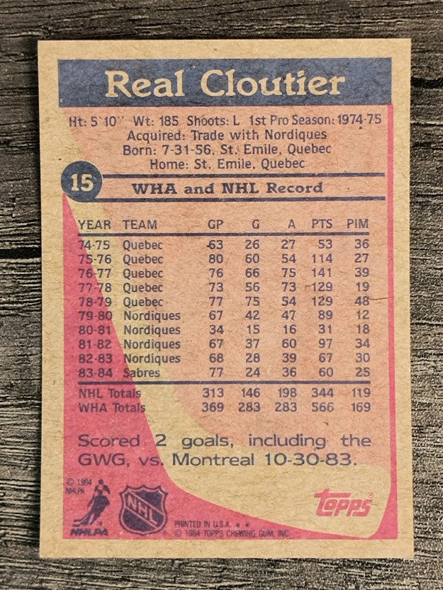 1984-85 Topps #15 Real Cloutier SP