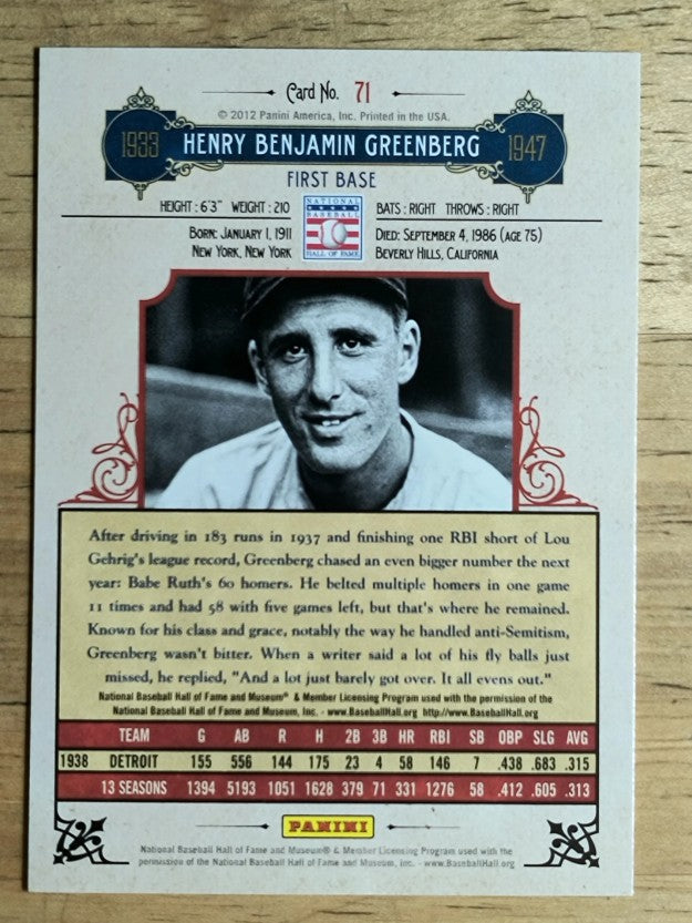 2012 Panini Cooperstown #71 Hank Greenberg