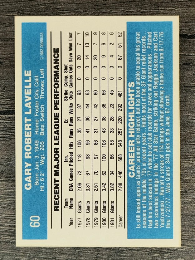 1982 Donruss #60 Gary Lavelle