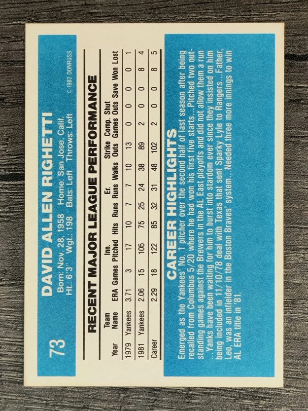 1982 Donruss #73 Dave Righetti RC