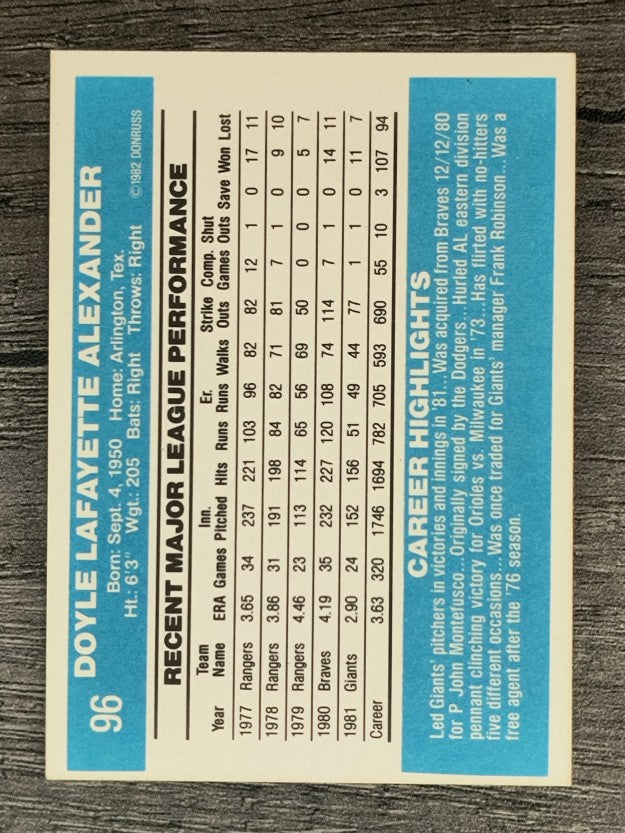 1982 Donruss #96 Doyle Alexander